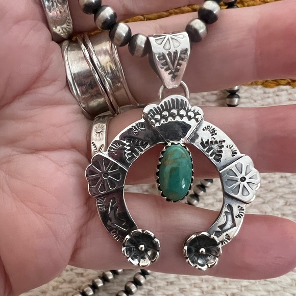 ❤️ Kingman Turquoise Navajo Sterling Silver Decorative NAJA Pendant 12.1G - 2”L - Picture 1 of 16